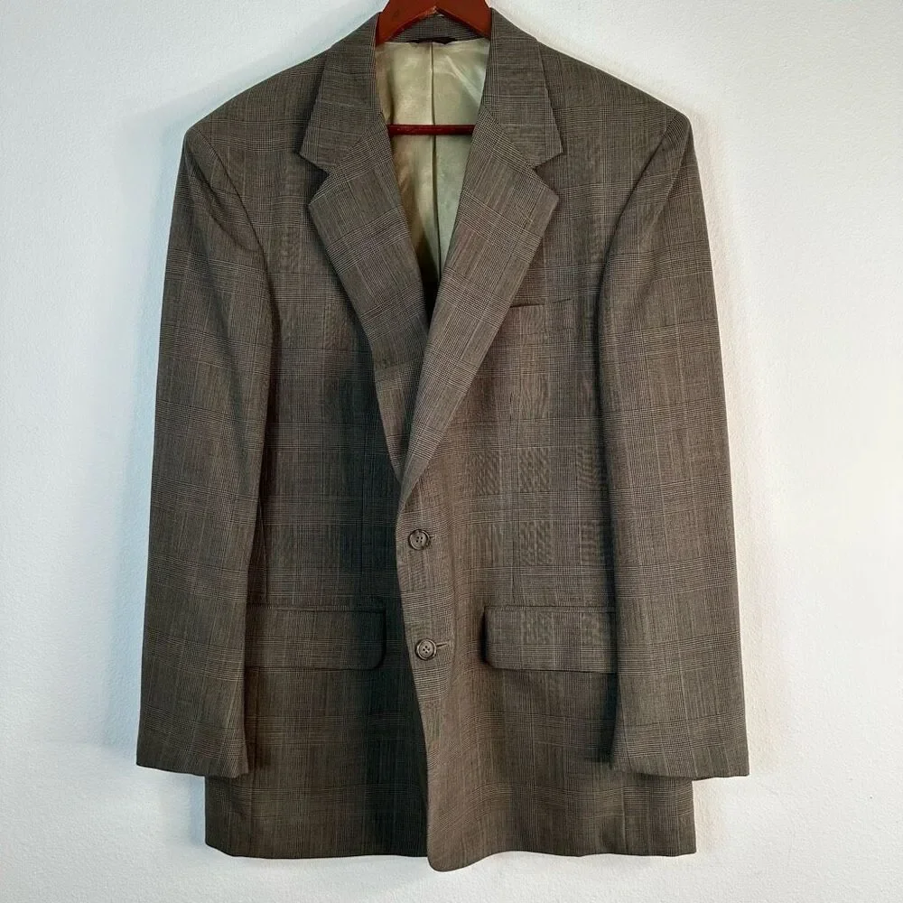 Savile Row Tan Wool Houndstooth‎ Plaid Blazer Sport Coat Mens 44 Preppy Heritage